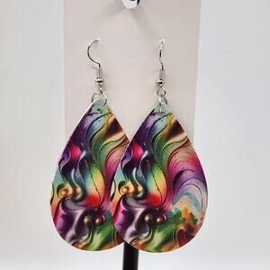 Floral Wave Faux Leather Teardrop Earrings Purple & Pink New Boho